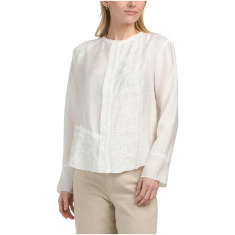 ELIE TAHARI Long Sleeve Drop Shoulder Novelty Embroidered Button Down Top